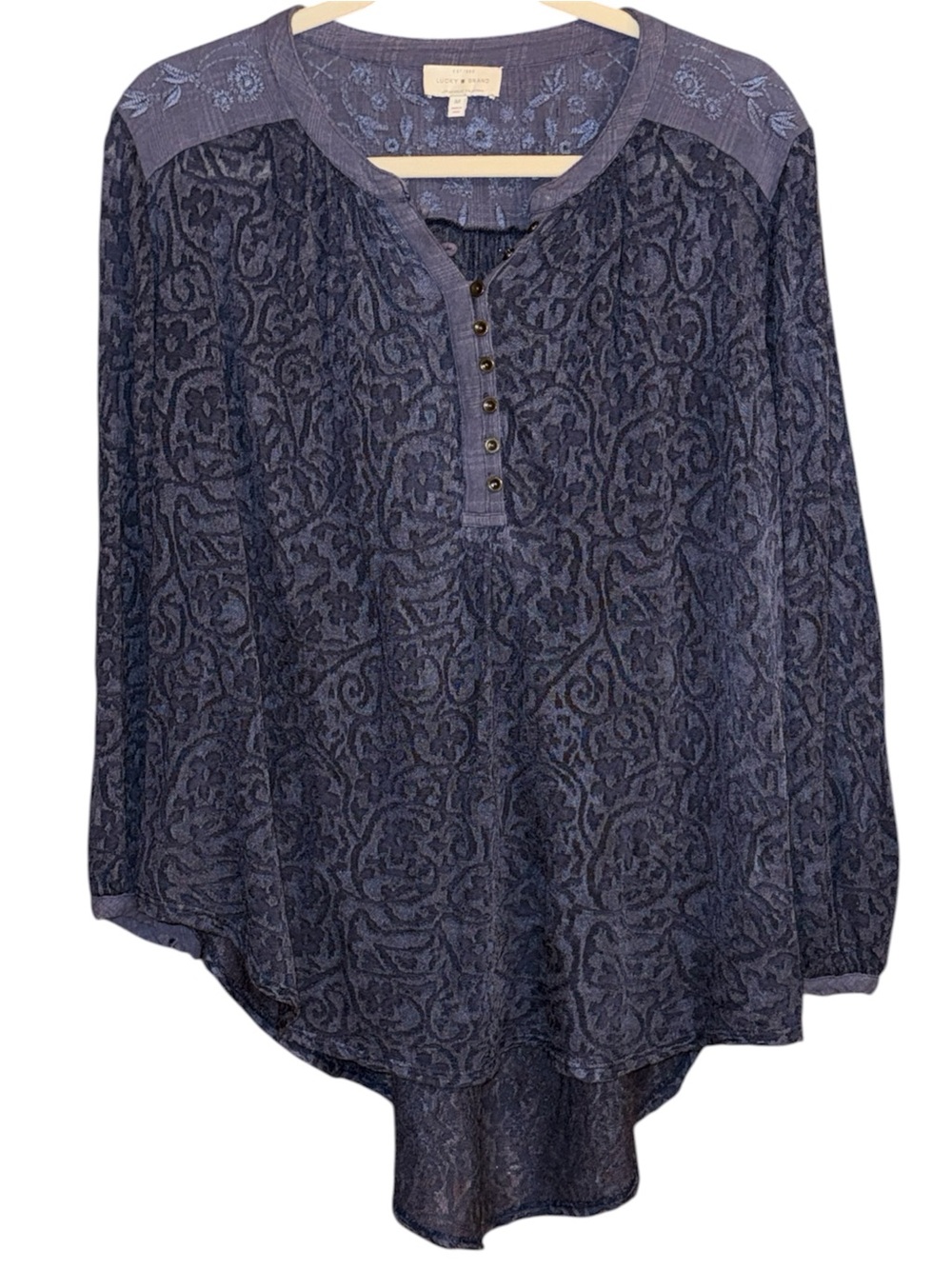 Lucky Brand Women’s Navy Blue Patterned Lace Yolk Embroidered Tunic Size Medium